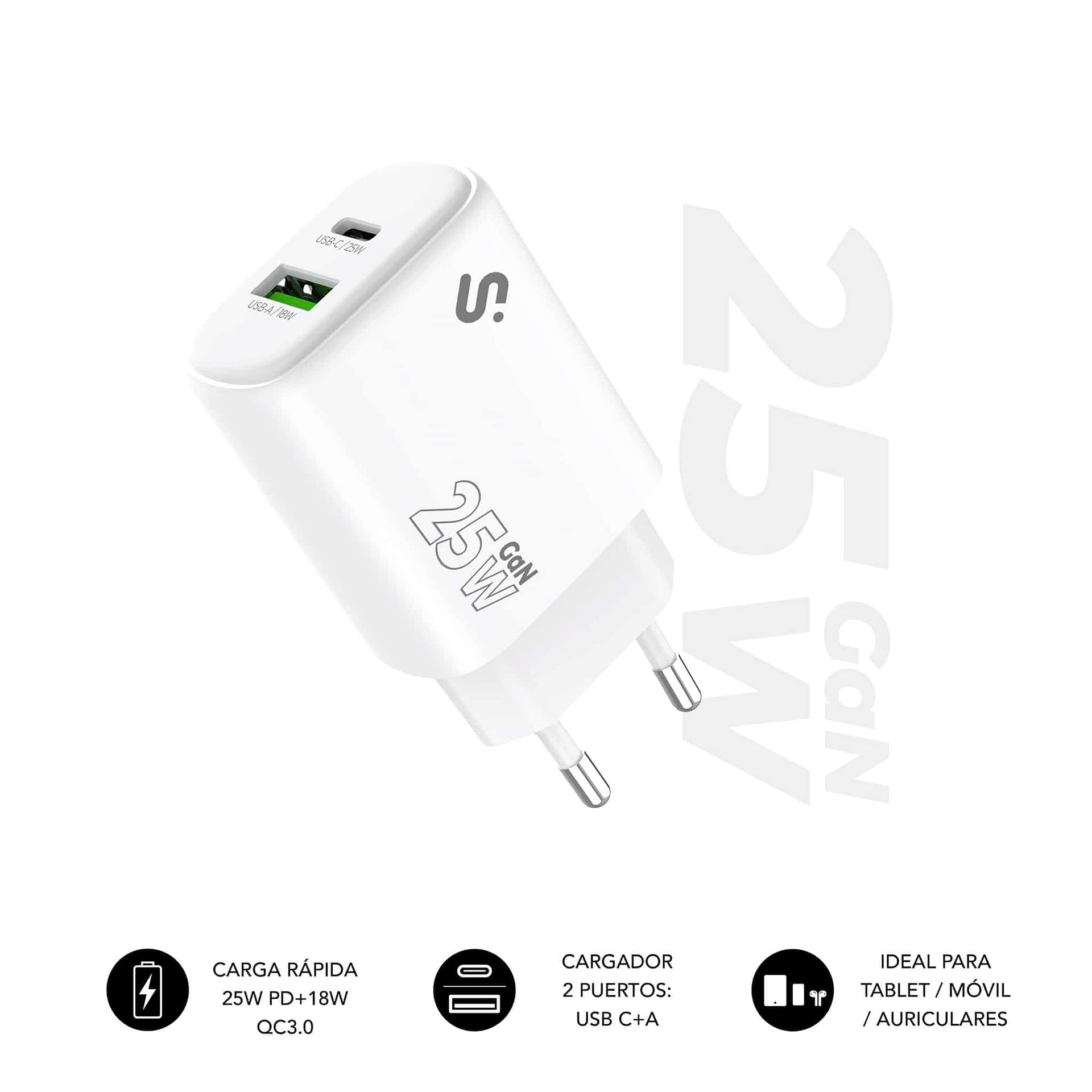 CARGADOR PARED/VIAJE USB-C + USB-A GaN 25W PD BLANCO SUBBLIM