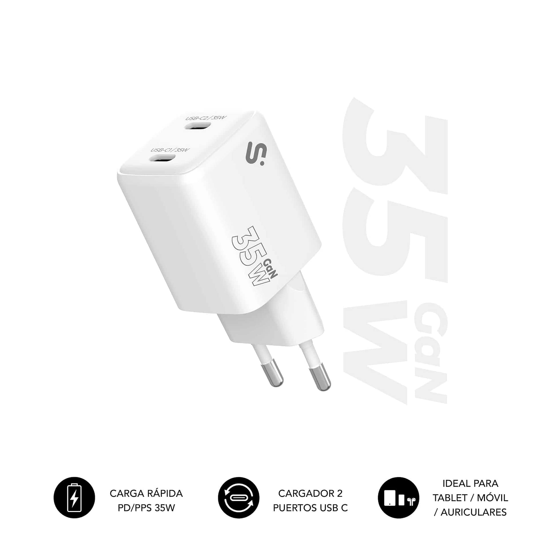 CARGADOR PARED/VIAJE USB-C + USB-C GaN 35W PD BLANCO SUBBLIM